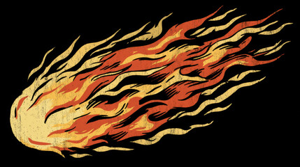A single, powerful burning flame, American comic book style, with bold black outlines and cel-shaded colors of red, orange, and yellow, isolated on a seamless black background, dynamic and clean.