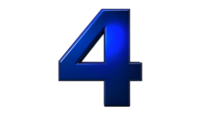 A 3D rendered numeral '4' is displayed against a black background. The number has a vibrant, glossy blue appearance with light reflections