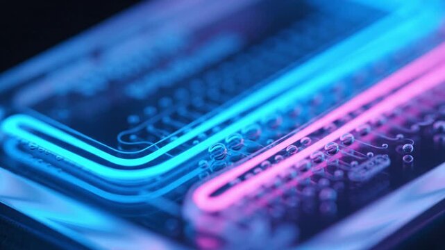 High end macro shot of transparent microfluidic chip with glowing blue and pink liquids flowing precisely inside microscopic channels bubbles drifting in harmony futuristic laboratory mood shallow foc