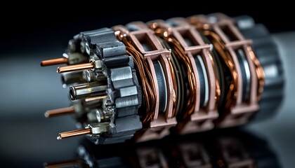 Close up view of electric motor rotor assembly showing copper windings detail