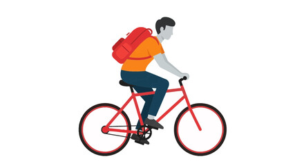 Obraz premium A man wearing an orange shirt and blue jeans rides a red bicycle with a red backpack, isolated on a white background