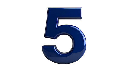 A 3D rendered, glossy, navy blue numeral '5' stands centered against a completely black background. Its surface reflects light subtly