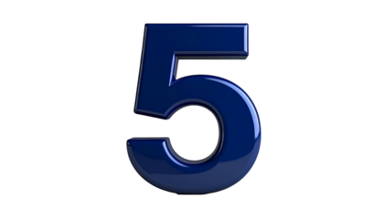 A 3D rendered, glossy, navy blue numeral '5' stands centered against a completely black background. Its surface reflects light subtly
