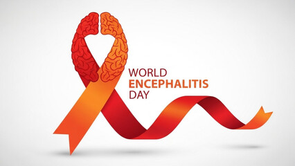 Red and orange awareness ribbon with brain illustration for world encephalitis day campaign on white background with encephalitis awareness and brain health