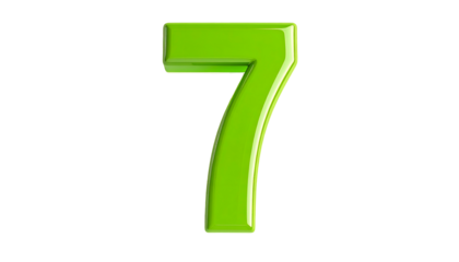 A vibrant, glossy, three-dimensional representation of the number seven, rendered in a bright, vivid green color against a solid black background