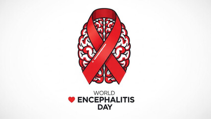 World encephalitis day awareness red ribbon brain illustration, encephalitis education symbol, brain health campaign icon, medical awareness concept