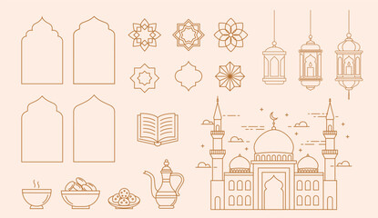 Ramadan Kareem design elements collection in Art Deco style. Modern Islamic linear icons set. line minimal style illustration