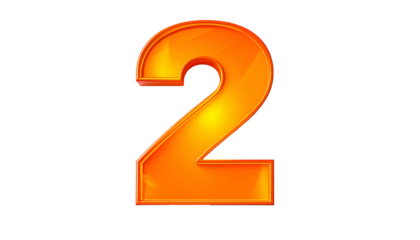 A vibrant, three-dimensional numeral two with a glossy, orange gradient, outlined in a darker shade, set against a black backdrop