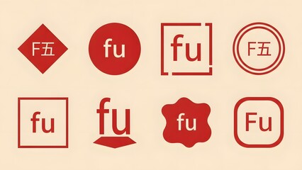 Multiple variations of the chinese word fu in red on a beige background