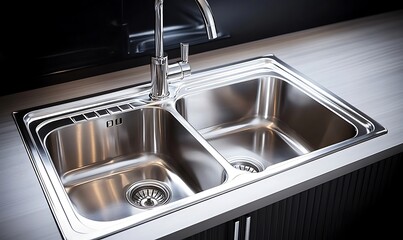 Modern stainless steel double kitchen sink with attached draining board and faucet