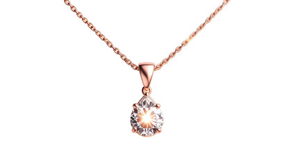 Close-up studio shot of a rose gold pendant necklace. The teardrop-shaped gemstone glistens against a black backdrop, showcasing fine craftsmanship