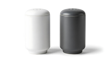 Minimalist white and black ceramic salt and pepper shaker set isolated on a clean white background.
