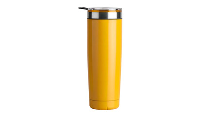 A tall cylindrical insulated container with a metallic top and a dark, hinged handle, set against a black background