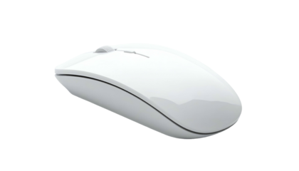 An isolated, sleek, and modern white computer mouse. It is set against a stark black background, showcasing its smooth form. The scroll wheel is central