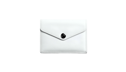 Close-up of a bright, sleek, white leather wallet against a deep black background. The design features a button closure and minimalist aesthetic