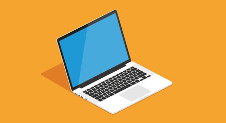 An isometric illustration of a modern white laptop with a blue screen and black keyboard, casting a shadow on an orange background