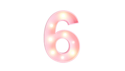 A luminous, pastel-pink number "6" with a string of bright lights embedded within, isolated on a black background
