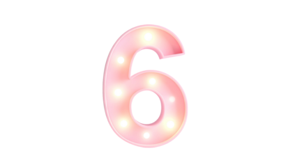 A luminous, pastel-pink number "6" with a string of bright lights embedded within, isolated on a black background