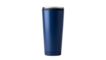 A tall, cylindrical, navy-blue insulated beverage container with a dark rim and lid, set against a black backdrop