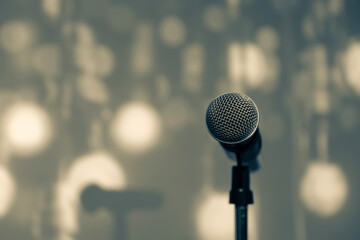 Fototapeta premium Close-up microphones with blurred light background hall for Reporter reporting or public speaking or journalist interview or speech and broadcasting media live speech concept.