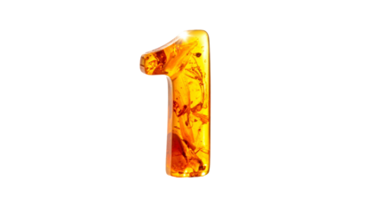 Digit "1" in a vibrant, translucent gold color against a solid black background. The digit has a reflective, glassy appearance