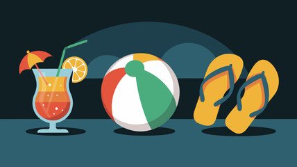 Colorful summer beach party items, tropical drink, ball, and sandals