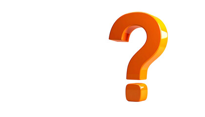 A 3D render of an orange question mark sits against a black background. The shape is glossy with light reflections
