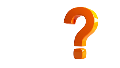 A 3D render of an orange question mark sits against a black background. The shape is glossy with light reflections