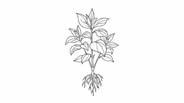 Hand drawn sketch of a basil plant with roots.
