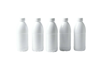 Five white plastic bottles, lined up, each with a cylindrical shape, a white cap, and a blank label area
