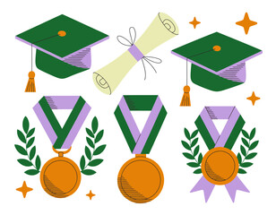 Graduation Symbols, Achievement Medals, Diploma, Academic Success Vector