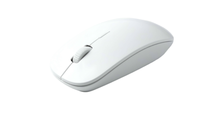 An isolated, top-down shot of a sleek, white computer mouse featuring a scroll wheel and two buttons, set against a black backdrop