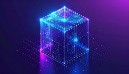 Futuristic Glowing Cube with Neon Lights and Digital Connections.