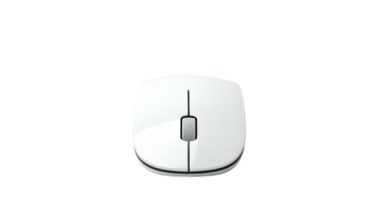 Top view of a small, white, wireless pointing device for computers, centered against a stark black background. It has a scroll wheel