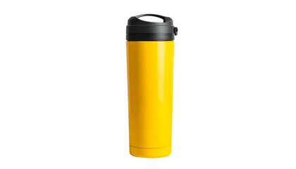 A cylindrical, yellow insulated drink container with a black lid and cap, resting on a flat surface, against a black background