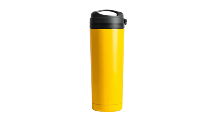 A cylindrical, yellow insulated drink container with a black lid and cap, resting on a flat surface, against a black background