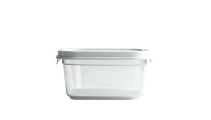 A translucent, rectangular container with a white lid and two side clasps. The object is isolated against a black background