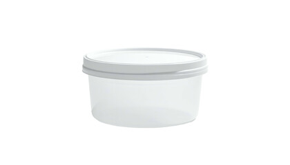 A translucent, round plastic container with a fitted white lid. The side view reveals a slight taper. It rests against a black background