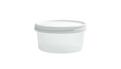 A translucent, round plastic container with a fitted white lid. The side view reveals a slight taper. It rests against a black background