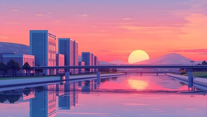 A smooth modern cityscape at sunset, featuring a bridge over a calm river, contemporary buildings along the waterfront, small hills in the background, clean and sleek design