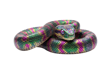 Vibrant iridescent snake coils possessing shimmering metallic scales rests facing viewer against black void.