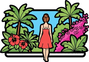 Woman in red dress walks through tropical paradise with palms and hibiscus flowers