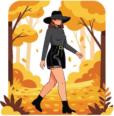 Woman in stylish outfit walks through an autumnal forest