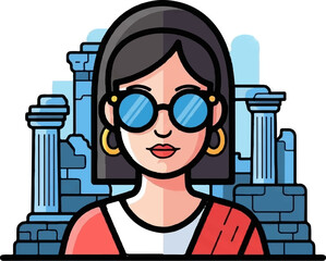 Woman in sunglasses with ancient ruins behind her, stylish, modern art