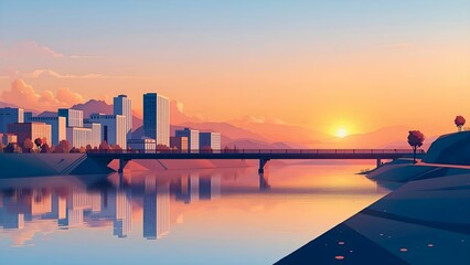 A smooth modern cityscape at sunset, featuring a bridge over a calm river, contemporary buildings along the waterfront, small hills in the background, clean and sleek design