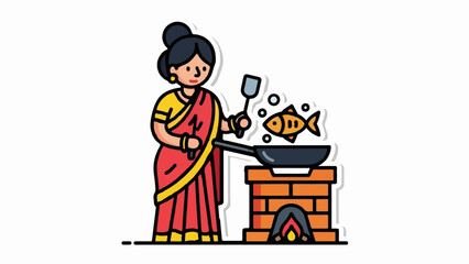 Woman in traditional dress cooks fish on an open fire stove