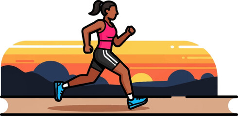 Woman jogging at sunset against a stylized mountain and sky backdrop