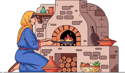 Woman preparing food in a traditional oven with vegetables and cookware