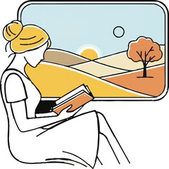 Woman reading a book with an autumn landscape visible through a window