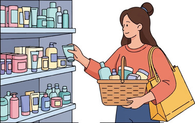 Woman selects bath and body products from store shelves, placing items in a basket